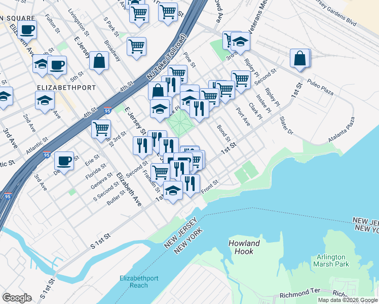 map of restaurants, bars, coffee shops, grocery stores, and more near 133 Broadway in Elizabeth