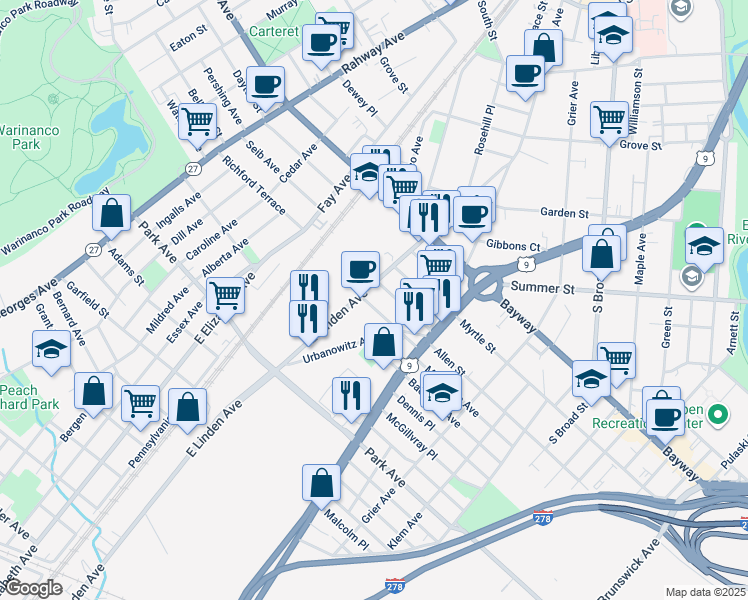 map of restaurants, bars, coffee shops, grocery stores, and more near 313 Ashton Avenue in Linden