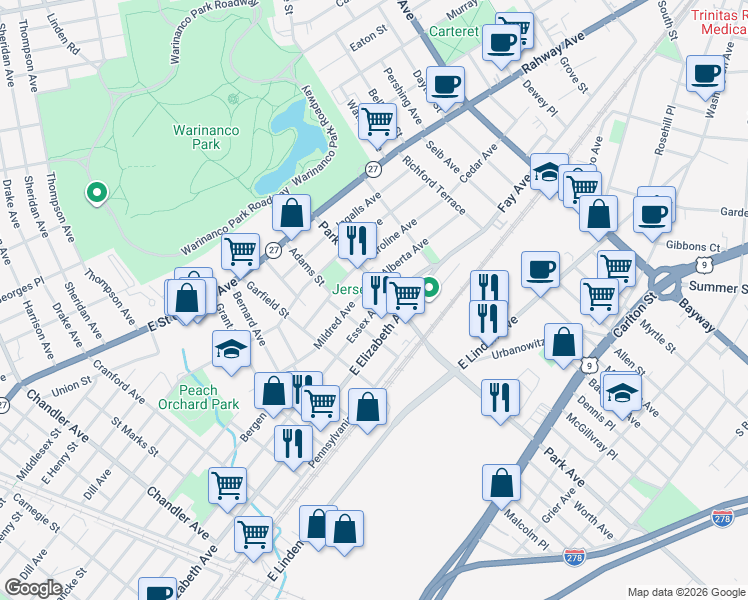 map of restaurants, bars, coffee shops, grocery stores, and more near 1927 Essex Avenue in Linden