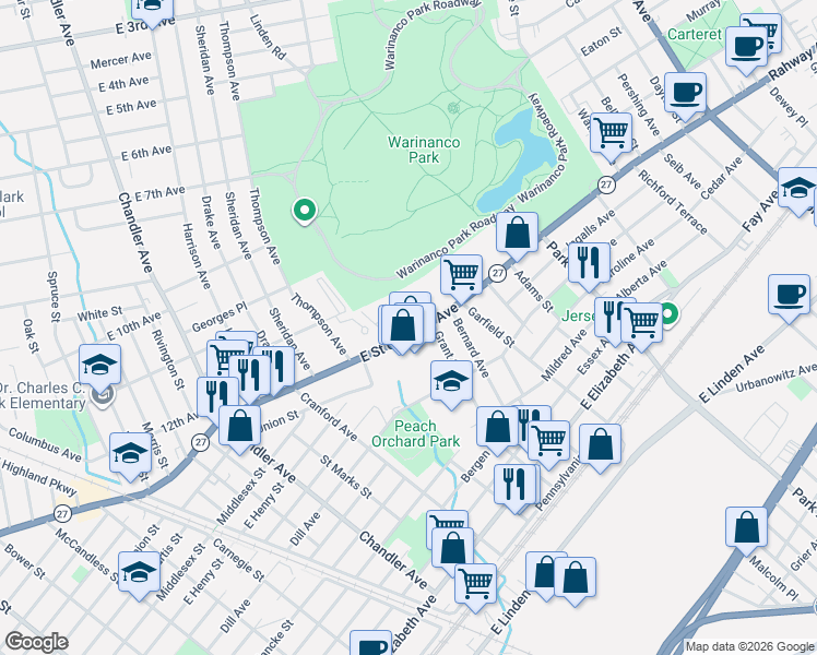 map of restaurants, bars, coffee shops, grocery stores, and more near 1537 East Saint Georges Avenue in Roselle