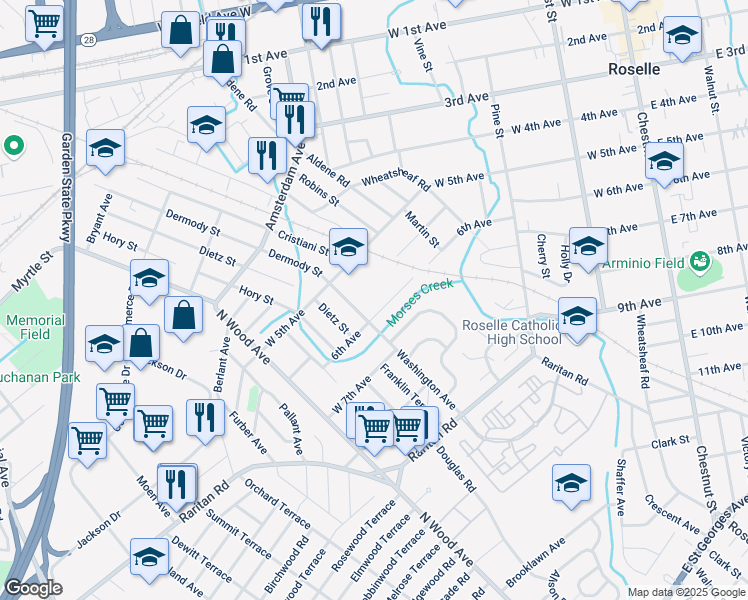 map of restaurants, bars, coffee shops, grocery stores, and more near 482 West 6th Avenue in Roselle