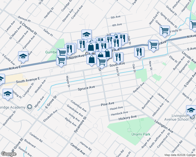 map of restaurants, bars, coffee shops, grocery stores, and more near 212 Center Street in Garwood