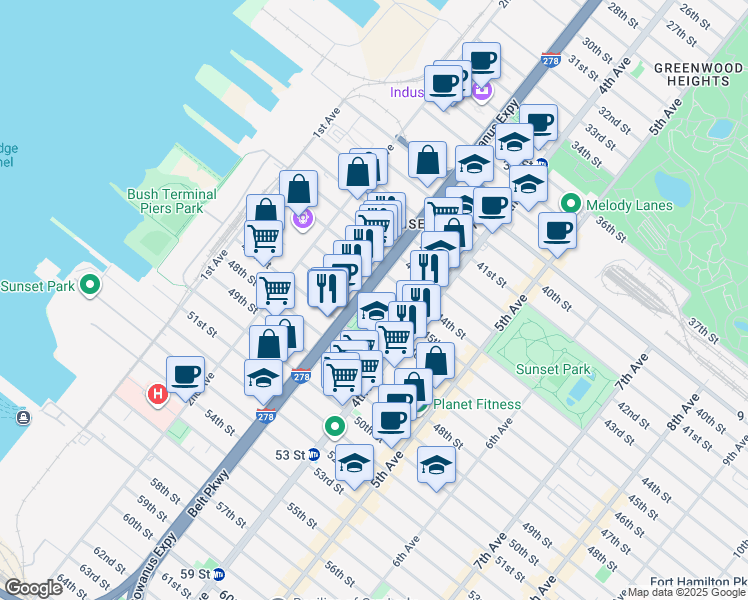 map of restaurants, bars, coffee shops, grocery stores, and more near 318 45th Street in Brooklyn