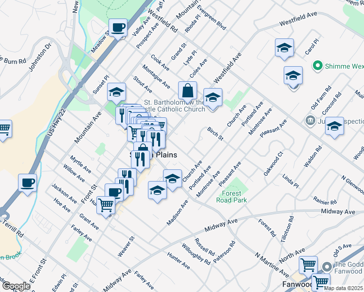 map of restaurants, bars, coffee shops, grocery stores, and more near 531 Forest Road in Scotch Plains