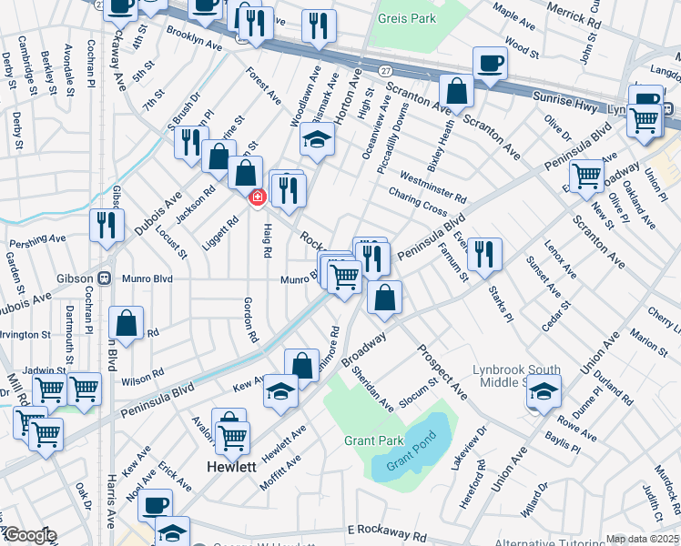 map of restaurants, bars, coffee shops, grocery stores, and more near 1250 Peninsula Boulevard in Hewlett