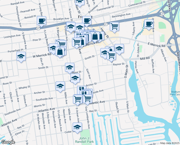 map of restaurants, bars, coffee shops, grocery stores, and more near 39 East Avenue in Freeport