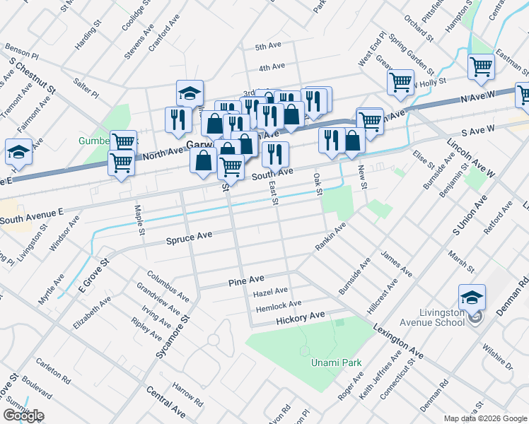 map of restaurants, bars, coffee shops, grocery stores, and more near 317 Myrtle Avenue in Garwood