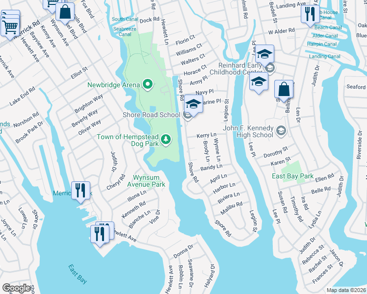 map of restaurants, bars, coffee shops, grocery stores, and more near 2864 Shore Road in Bellmore