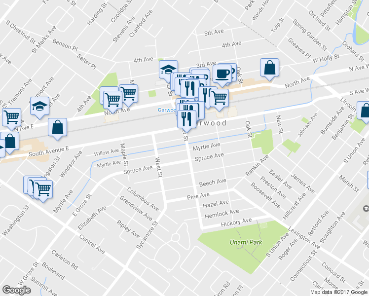 map of restaurants, bars, coffee shops, grocery stores, and more near 212 Center Street in Garwood
