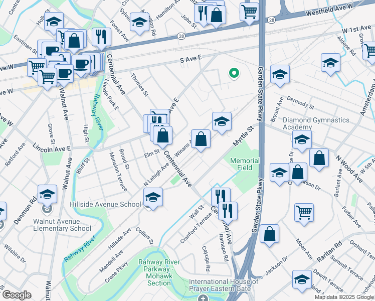 map of restaurants, bars, coffee shops, grocery stores, and more near 81 Winans Avenue in Cranford