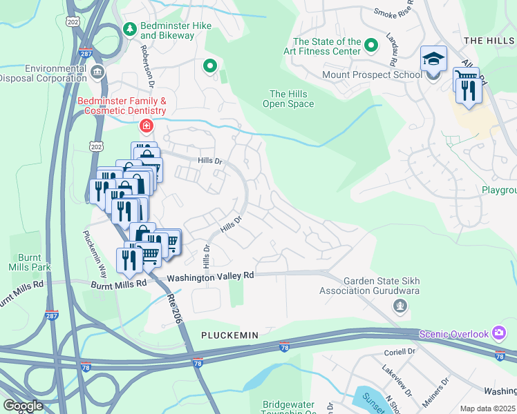 map of restaurants, bars, coffee shops, grocery stores, and more near 76 South Edgewood Road in Bedminster Township