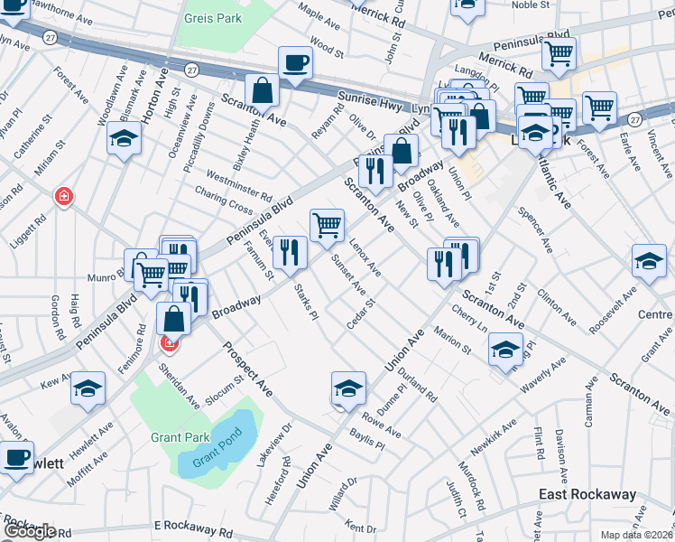 map of restaurants, bars, coffee shops, grocery stores, and more near 63 Sunset Avenue in Lynbrook