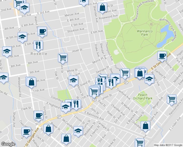 map of restaurants, bars, coffee shops, grocery stores, and more near 1021 Chandler Avenue in Roselle