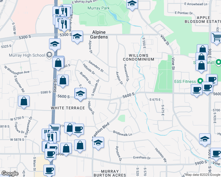 map of restaurants, bars, coffee shops, grocery stores, and more near 463 East 5600 South in Murray