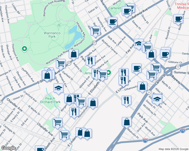 map of restaurants, bars, coffee shops, grocery stores, and more near 1927 Essex Avenue in Linden