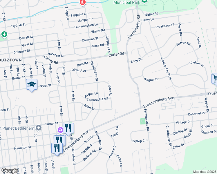 map of restaurants, bars, coffee shops, grocery stores, and more near 4210 Alder Road in Bethlehem