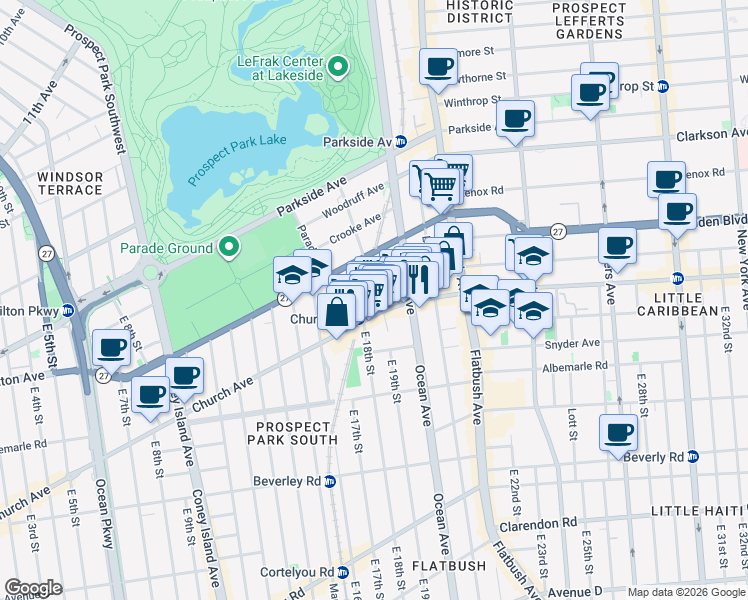 map of restaurants, bars, coffee shops, grocery stores, and more near 1911 Church Avenue in Brooklyn