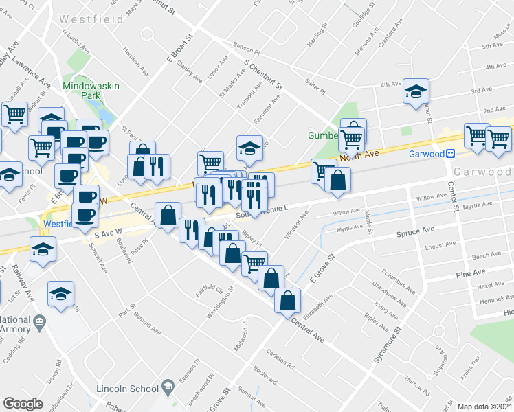 map of restaurants, bars, coffee shops, grocery stores, and more near 349 South Avenue East in Westfield