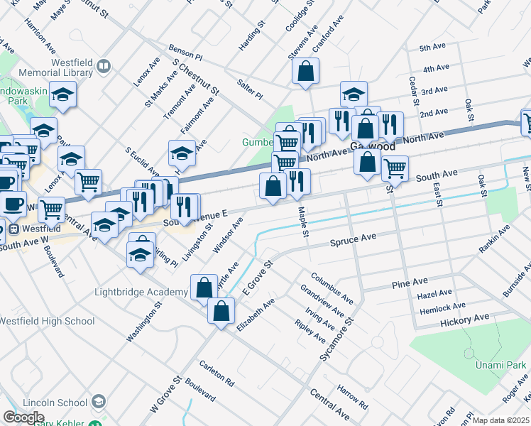 map of restaurants, bars, coffee shops, grocery stores, and more near 651 South Avenue in Garwood