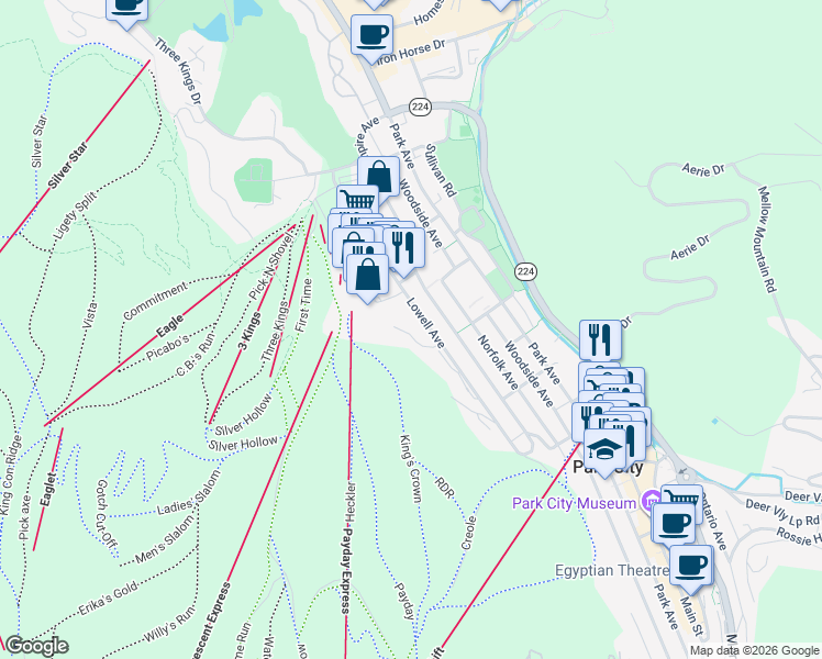 map of restaurants, bars, coffee shops, grocery stores, and more near 1232 Lowell Avenue in Park City