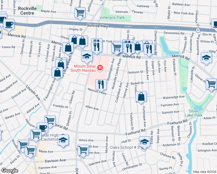 map of restaurants, bars, coffee shops, grocery stores, and more near 2478 Rockville Centre Parkway in Oceanside