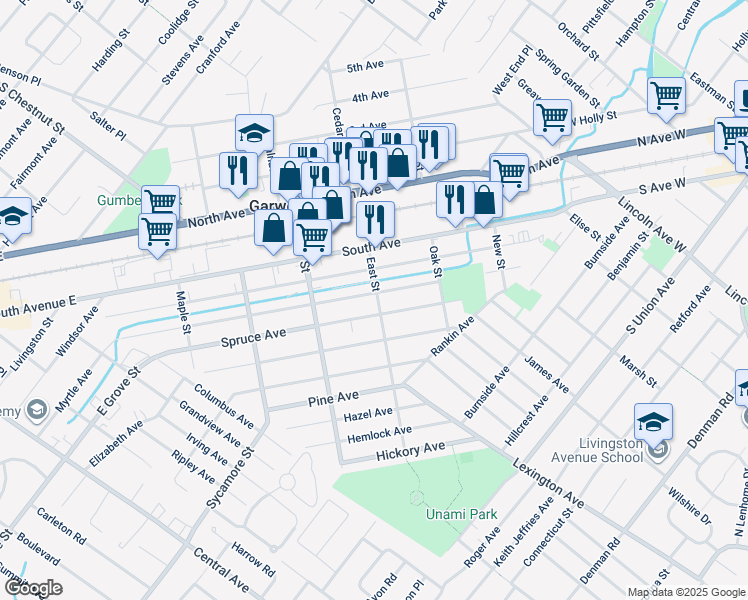 map of restaurants, bars, coffee shops, grocery stores, and more near 300 East Street in Garwood