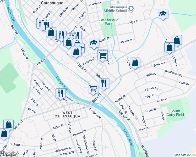 map of restaurants, bars, coffee shops, grocery stores, and more near 107 Front Street in Catasauqua