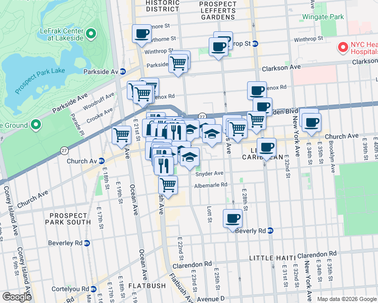 map of restaurants, bars, coffee shops, grocery stores, and more near 2200 Bedford Avenue in Brooklyn