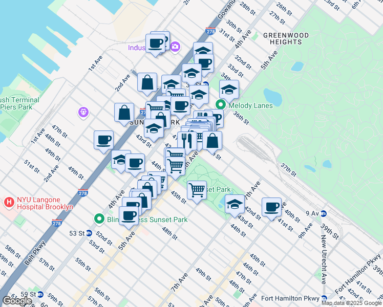 map of restaurants, bars, coffee shops, grocery stores, and more near 4104 5th Avenue in Brooklyn