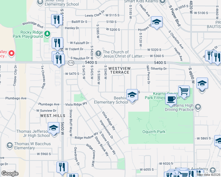 map of restaurants, bars, coffee shops, grocery stores, and more near 5560 South Westside Circle in Kearns
