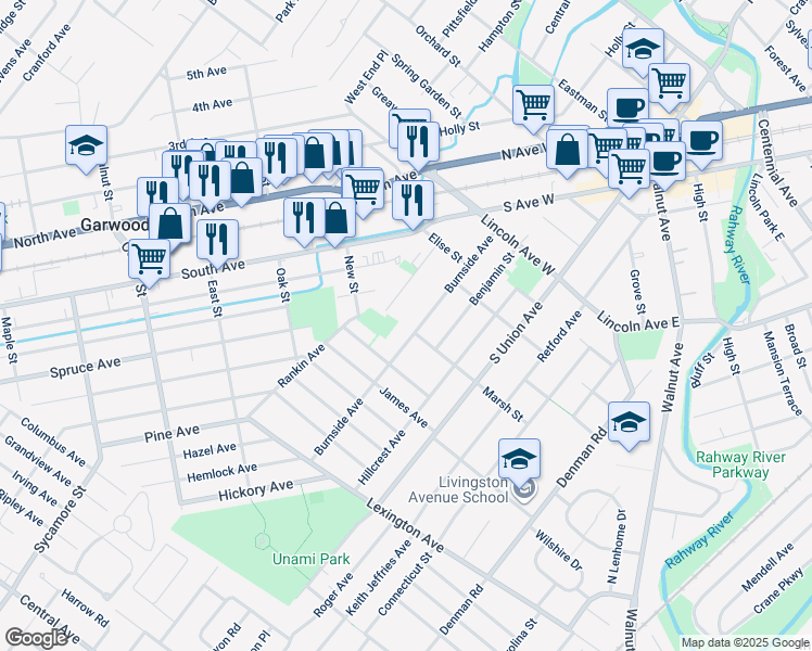 map of restaurants, bars, coffee shops, grocery stores, and more near 68 Burnside Avenue in Cranford