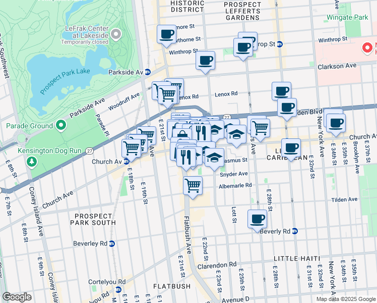 map of restaurants, bars, coffee shops, grocery stores, and more near 2244 Church Avenue in Brooklyn