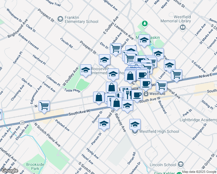 map of restaurants, bars, coffee shops, grocery stores, and more near 231 Clark Street in Westfield