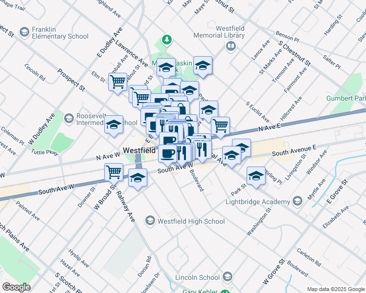 map of restaurants, bars, coffee shops, grocery stores, and more near 109 North Avenue West in Westfield