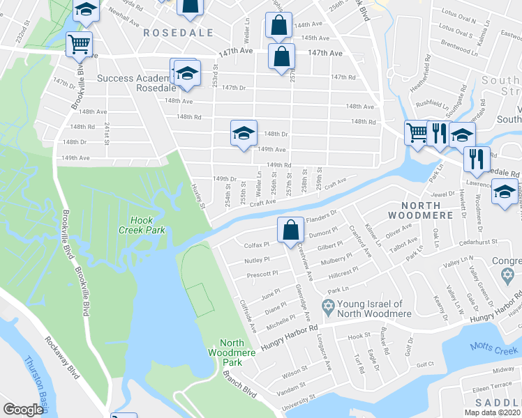 map of restaurants, bars, coffee shops, grocery stores, and more near 255-02 Craft Avenue in Queens