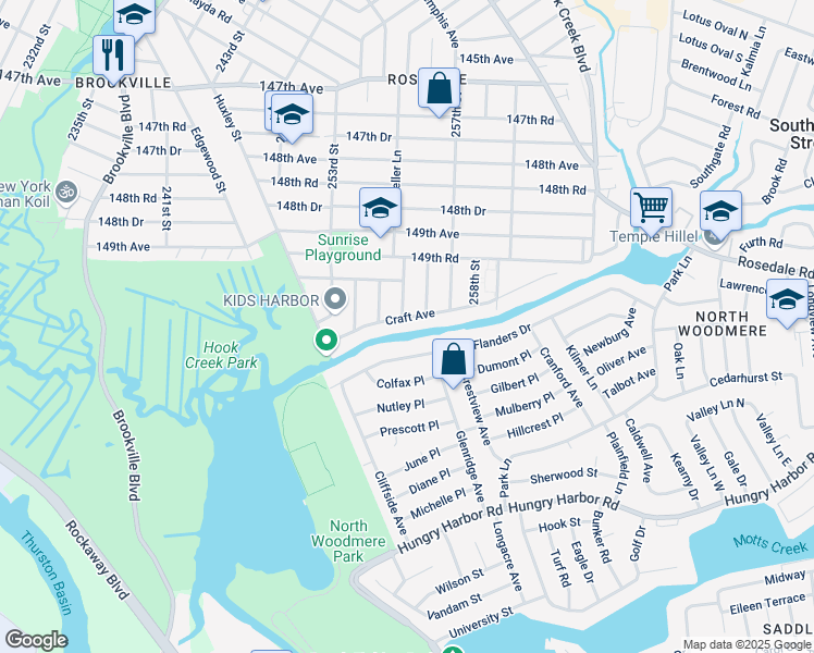map of restaurants, bars, coffee shops, grocery stores, and more near 255-02 Craft Avenue in Queens