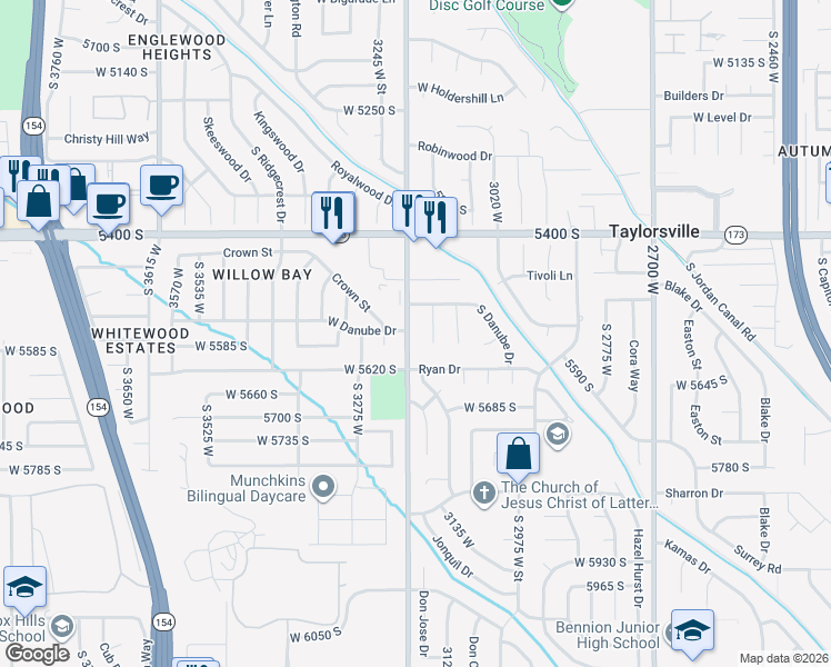 map of restaurants, bars, coffee shops, grocery stores, and more near 3211 Danube Drive in Taylorsville