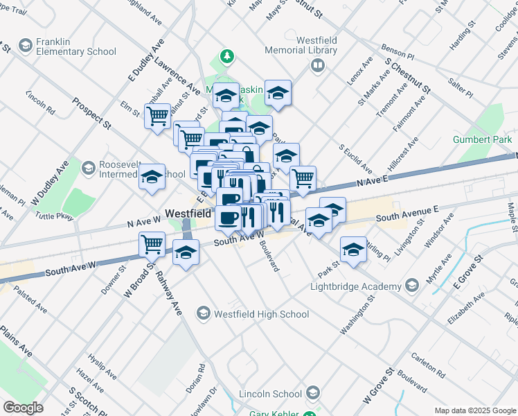 map of restaurants, bars, coffee shops, grocery stores, and more near 109 North Avenue West in Westfield