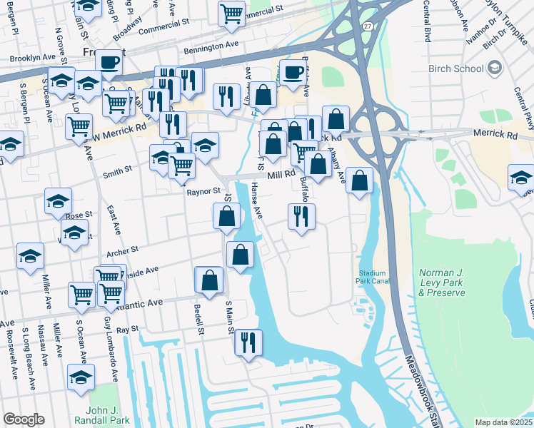 map of restaurants, bars, coffee shops, grocery stores, and more near 41 Hanse Avenue in Freeport