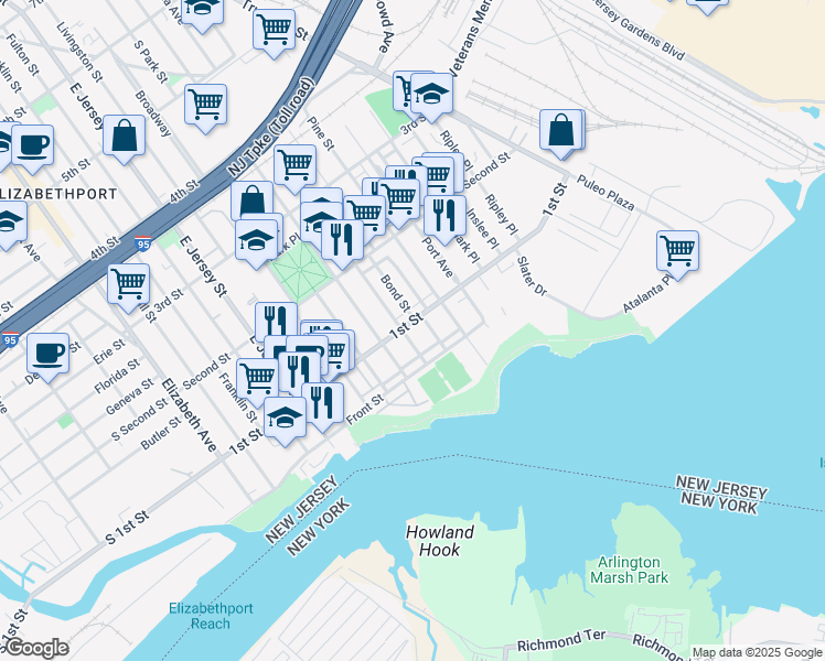 map of restaurants, bars, coffee shops, grocery stores, and more near 205 1st Street in Elizabeth