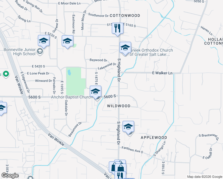 map of restaurants, bars, coffee shops, grocery stores, and more near in Holladay
