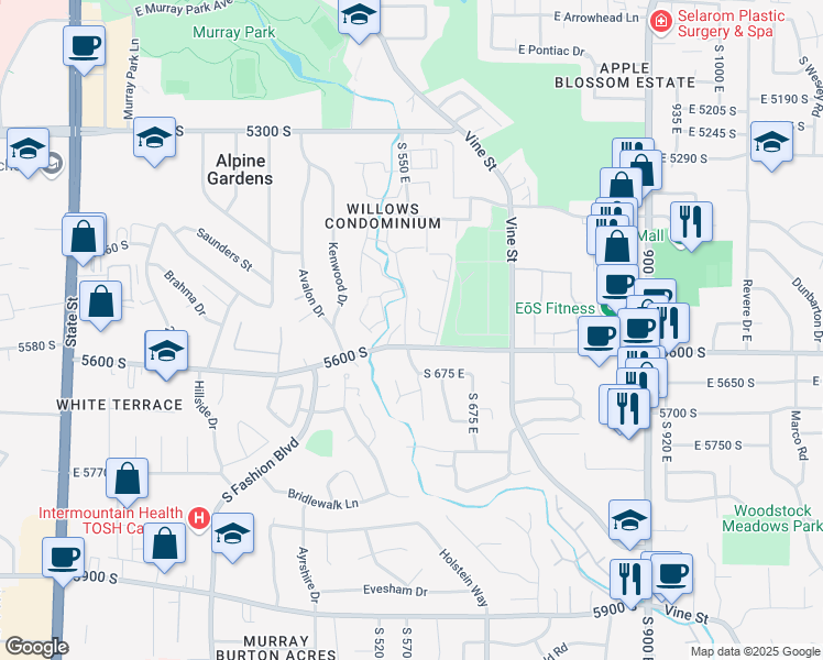 map of restaurants, bars, coffee shops, grocery stores, and more near 600 Marshwood Lane in Murray
