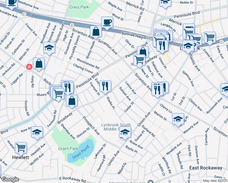 map of restaurants, bars, coffee shops, grocery stores, and more near 2A Duryea Place in Lynbrook