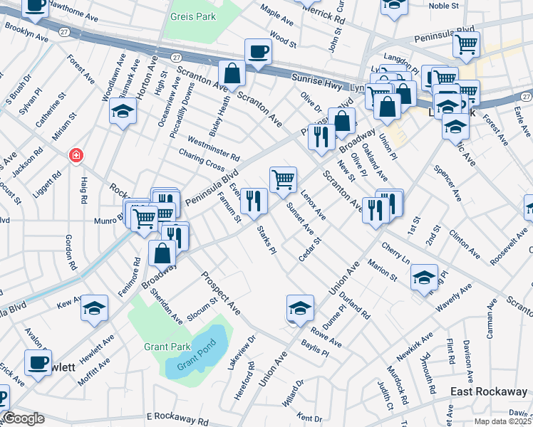 map of restaurants, bars, coffee shops, grocery stores, and more near 2A Duryea Place in Lynbrook