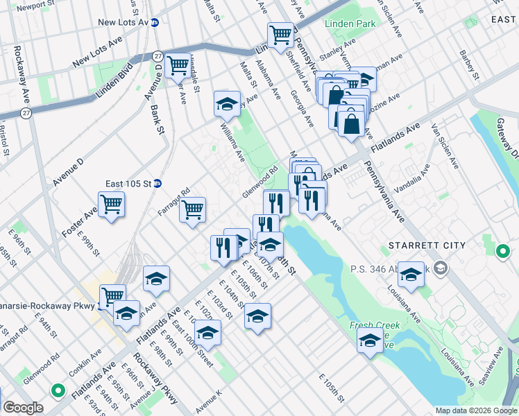 map of restaurants, bars, coffee shops, grocery stores, and more near 757 East 108th Street in Brooklyn