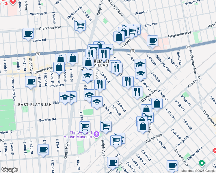 map of restaurants, bars, coffee shops, grocery stores, and more near 126 East 89th Street in Brooklyn