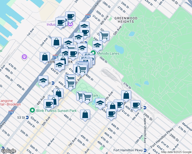 map of restaurants, bars, coffee shops, grocery stores, and more near 566 39th Street in Brooklyn