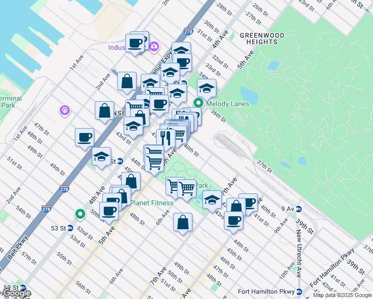 map of restaurants, bars, coffee shops, grocery stores, and more near 526 40th Street in Brooklyn