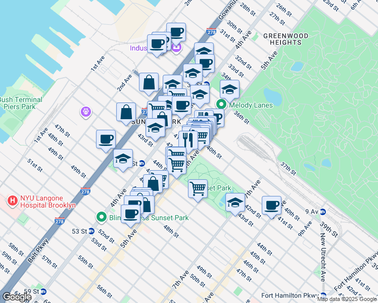map of restaurants, bars, coffee shops, grocery stores, and more near 4104 5th Avenue in Brooklyn