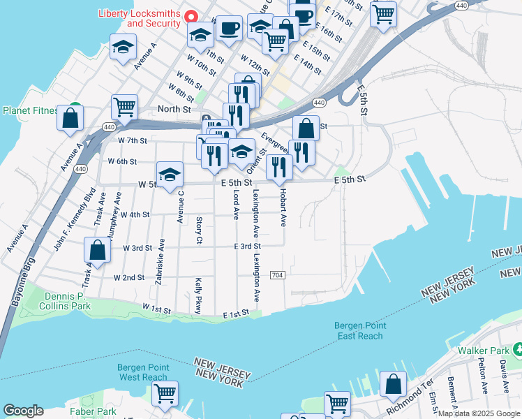 map of restaurants, bars, coffee shops, grocery stores, and more near 114 Lexington Avenue in Bayonne